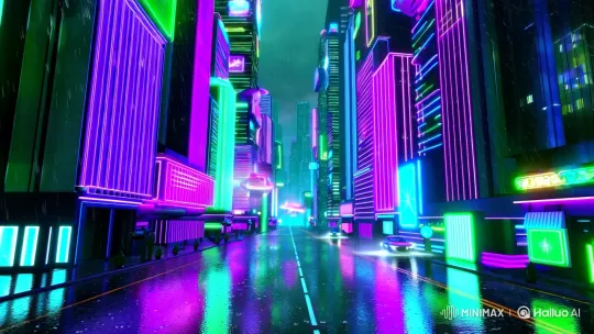 Futuristic Cityscape: Neon, Holograms, and Flying Cars – AI Generated Video | Hailuo AI