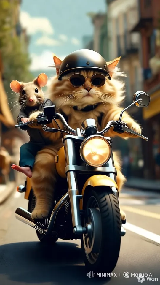 Cat and Mouse on a High-Speed Motorcycle Adventure – AI Generated Video | Hailuo AI