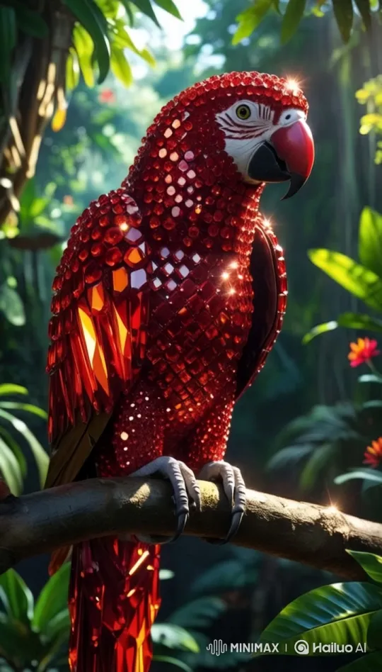 Crystal Parrot Displayed in Lush Tropical Forest – AI Generated Video | Hailuo AI