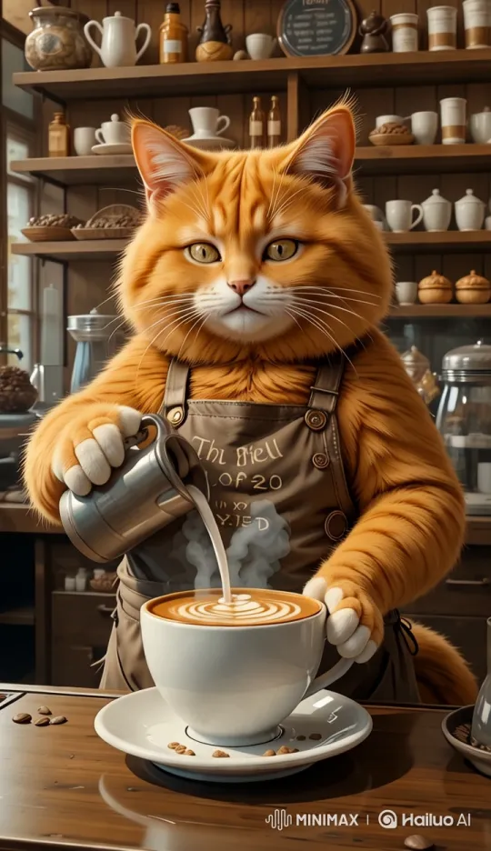 Anthropomorphic Cat Barista Creates Artistic Latte – AI Generated Video | Hailuo AI