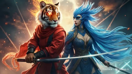 Dynamic Duo Prepares for Battle in Fiery Fantasy Setting – AI Generated Video | Hailuo AI