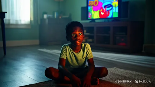 Boy Enchanted by Cartoon in Dimly Lit Room – AI Generated Video | Hailuo AI