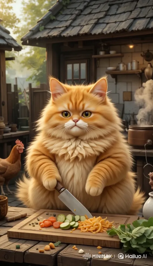 Chubby Cat Chops Vegetables in Cozy Kitchen Setting – AI Generated Video | Hailuo AI