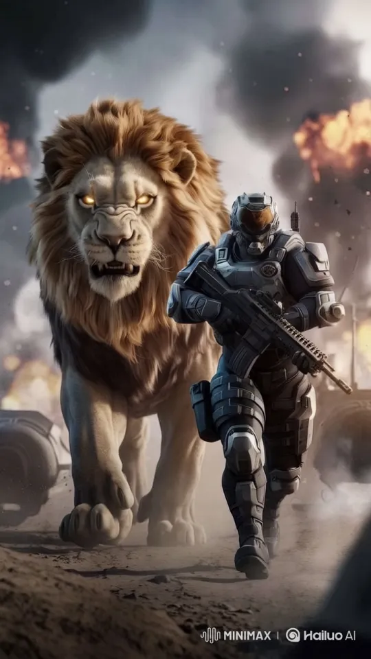 Soldier and Lion March Through Chaotic Warzone – AI Generated Video | Hailuo AI