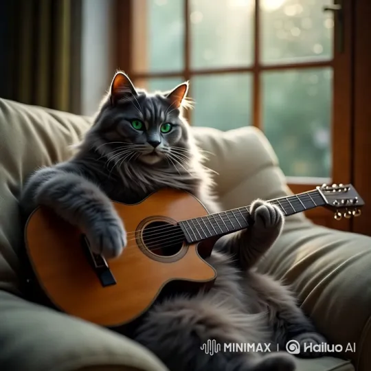 Sad Cat Plays Melancholic Tune on Guitar – AI Generated Video | Hailuo AI