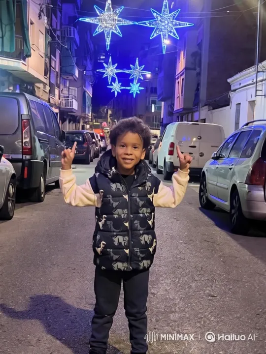 Boy in Starry Night Street Scene with Peace Signs – AI Generated Video | Hailuo AI