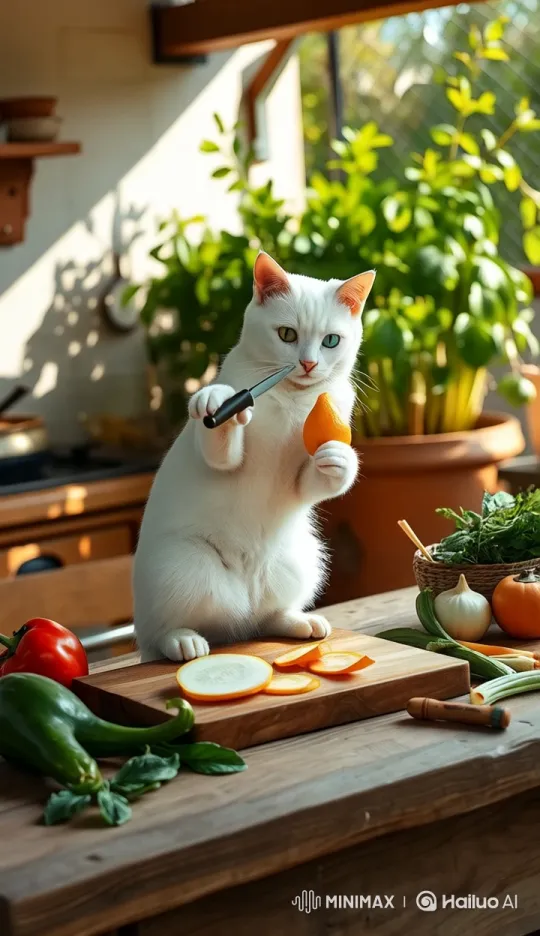 White Cat Chef Skillfully Slices Carrot in Rustic Outdoor Kitchen – AI Generated Video | Hailuo AI