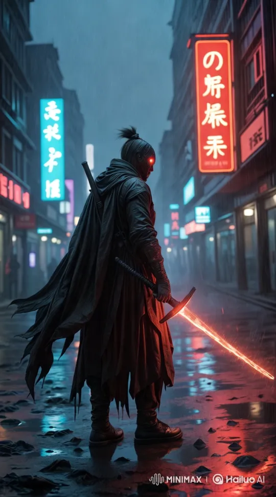 Armored Figure with Red Sword in Neon-Lit Alley – AI Generated Video | Hailuo AI