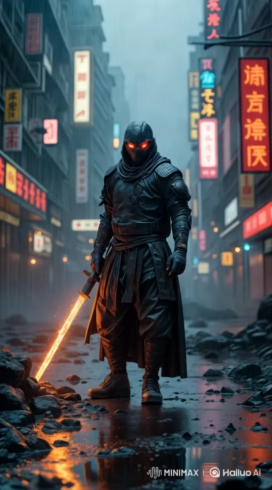 Dystopian Alley: Armored Figure with Fiery Sword – AI Generated Video | Hailuo AI