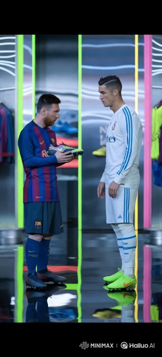 Messi and Ronaldo's Tense Camaraderie in a Sports Store Scene – AI Generated Video | Hailuo AI