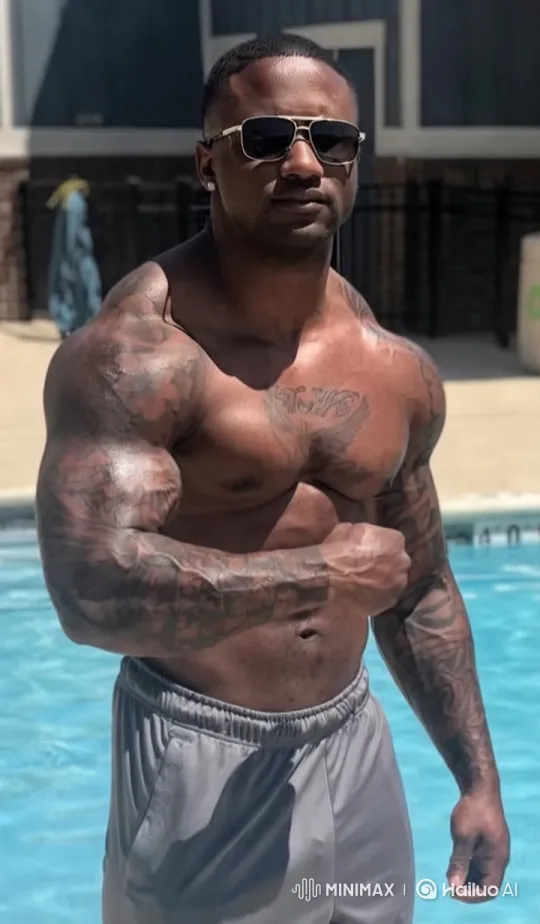 Confident Man by Pool: Tattoos, Drama, and Serenity – AI Generated Video | Hailuo AI