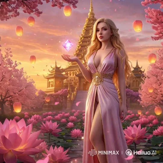 Elegant Woman in Enchanted Garden with Golden Temple – AI Generated Video | Hailuo AI