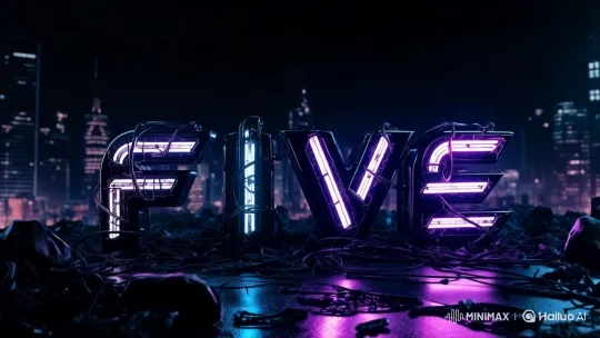 Neon 'FIVE' Sign in Futuristic Dark Cityscape – AI Generated Video | Hailuo AI