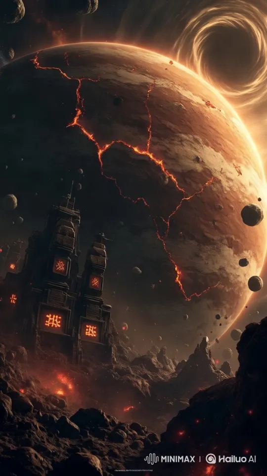 Dramatic Alien Landscape with Ancient Structure Under Fiery Planet – AI Generated Video | Hailuo AI