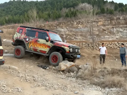 Avengers-Themed Off-Road Vehicle in Rugged Terrain – AI Generated Video | Hailuo AI