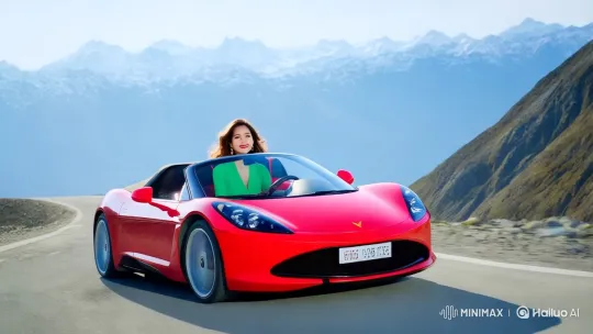 Graceful Woman Drives Through Himalayas in Red Convertible – AI Generated Video | Hailuo AI