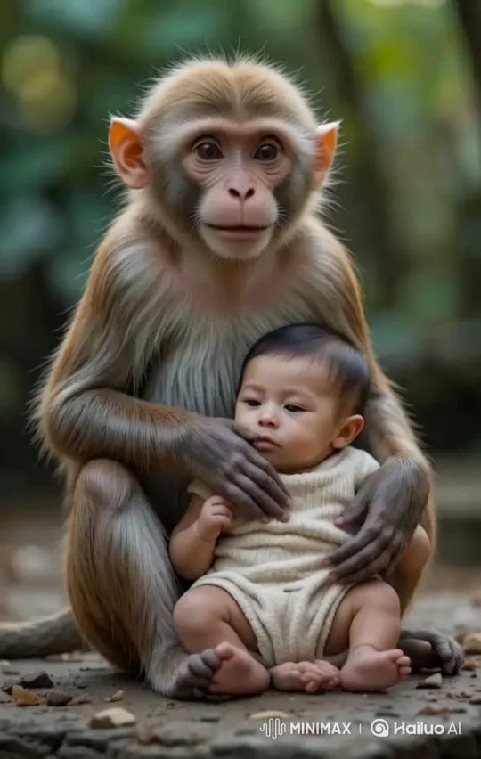 Monkey and Child Embrace in Forest Setting – AI Generated Video | Hailuo AI