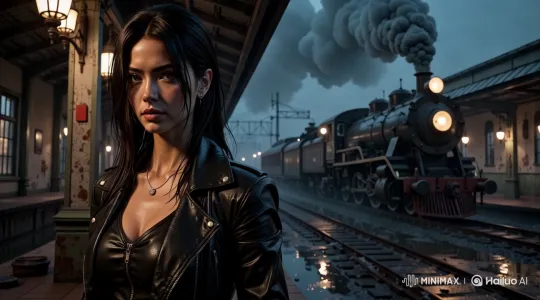 Mysterious Woman Meets Slow-Moving Train on Rainy Platform – AI Generated Video | Hailuo AI