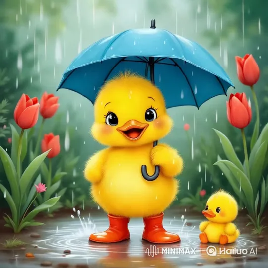 Fluffy Ducklings with Umbrella in Serene Rain Scene – AI Generated Video | Hailuo AI