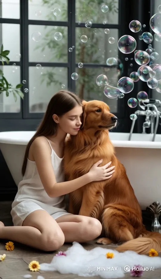 Girl and Golden Retriever Embrace in Dreamy Setting – AI Generated Video | Hailuo AI