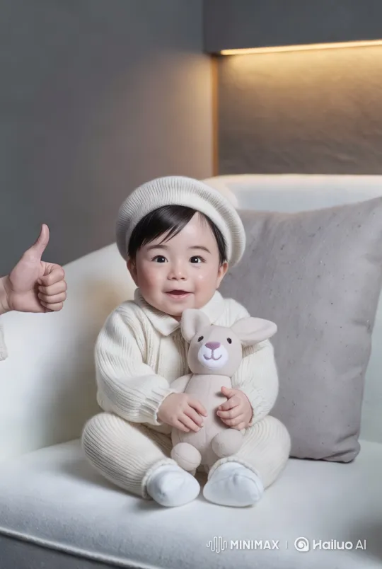 Baby and Plush Toy on Minimalist Couch – AI Generated Video | Hailuo AI