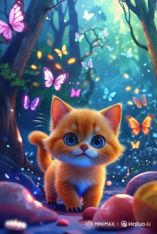 Magical Forest: Playful Kitten Chases Glowing Butterflies – AI Generated Video | Hailuo AI