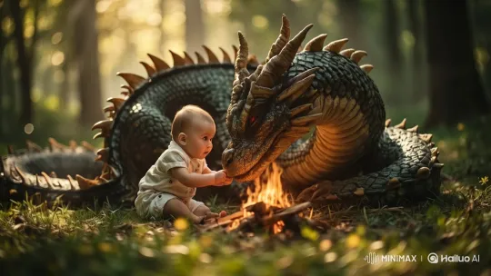 Baby and Dragon: A Mystical Encounter in the Forest – AI Generated Video | Hailuo AI