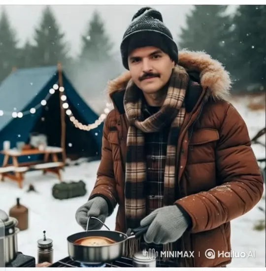 Cozy Winter Campsite with Man Cooking Over Stove – AI Generated Video | Hailuo AI