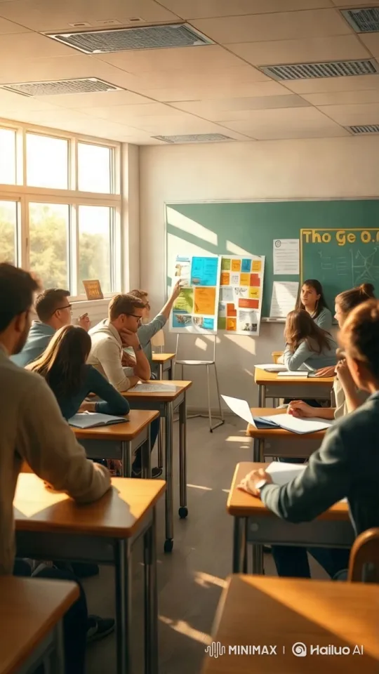 Sunlit Classroom with Engaged Students and Presenter – AI Generated Video | Hailuo AI