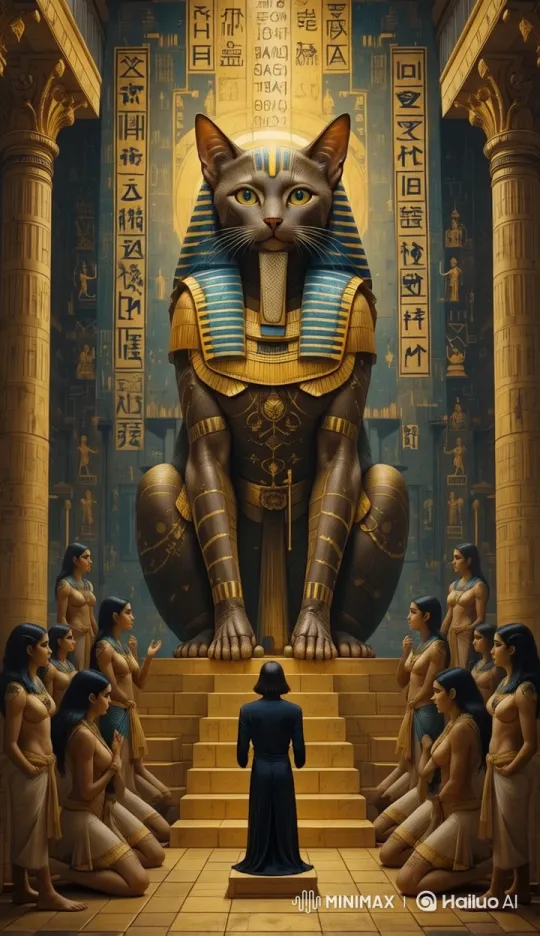 Egyptian Art: Majestic Cat on Throne, Reverent Figures, Mystical Atmosphere – AI Generated Video | Hailuo AI