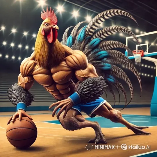 Anthropomorphic Rooster Dribbles Basketball in Aesthetic Indoor Arena – AI Generated Video | Hailuo AI