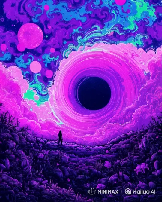 Woman Approaches Hypnotic Blackhole in Surreal Landscape – AI Generated Video | Hailuo AI