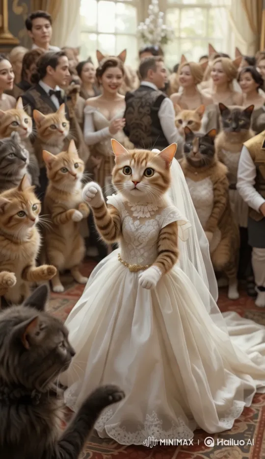 Elegant Cat Dances at Luxurious Wedding Ceremony – AI Generated Video | Hailuo AI