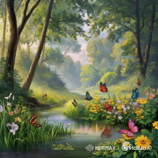 Enchanted Forest River with Fluttering Butterflies – AI Generated Video | Hailuo AI