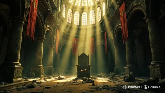 Abandoned Throne Room: A Scene of Majestic Decay – AI Generated Video | Hailuo AI
