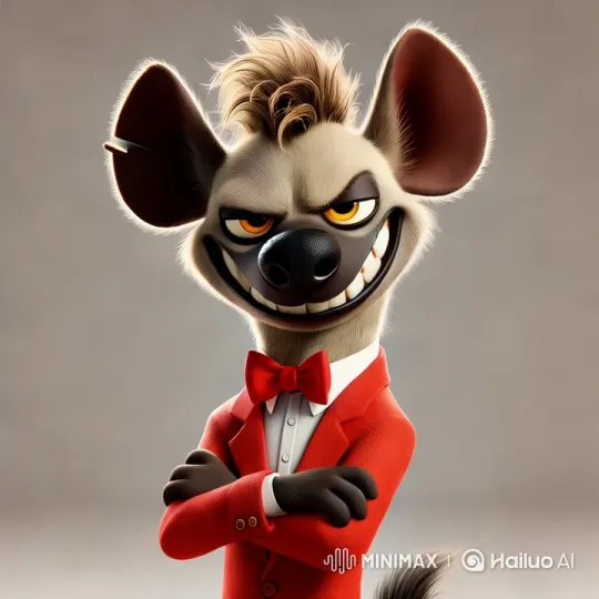 Sarcastic Hyena in Sharp Red Suit Delivers Ironic Monologue – AI Generated Video | Hailuo AI