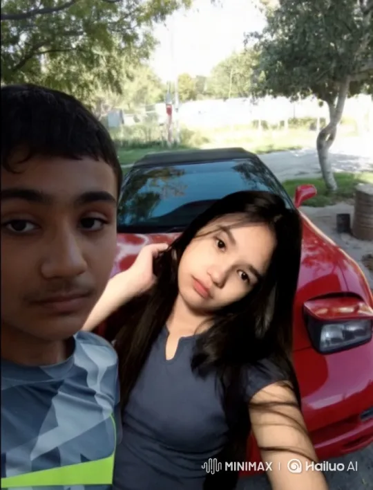 Boy Kisses Girl by Red Car in Serene Park Setting – AI Generated Video | Hailuo AI