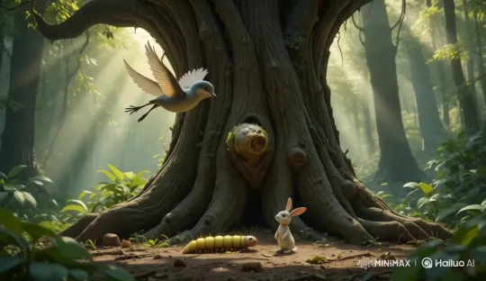 Bird and Rabbit Observe Caterpillar in Enchanted Forest – AI Generated Video | Hailuo AI