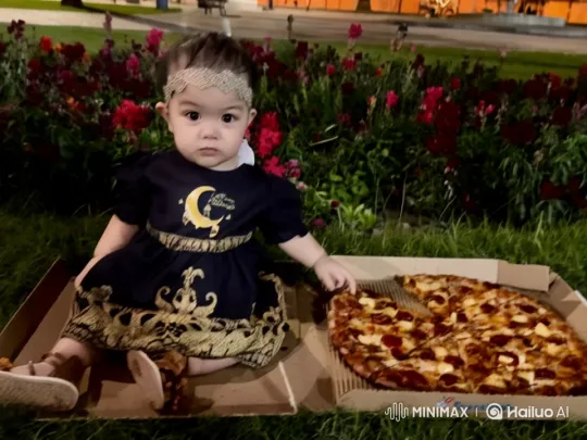 Baby Dancing Joyfully in Garden with Pizza Box – AI Generated Video | Hailuo AI