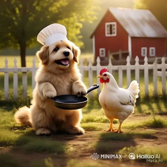 Whimsical Farmyard Scene: Dog and Chicken's Playful Interactions – AI Generated Video | Hailuo AI