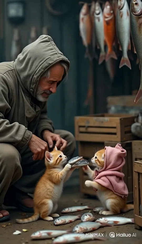 Adorable Kittens Play with Fish in Rustic Market – AI Generated Video | Hailuo AI