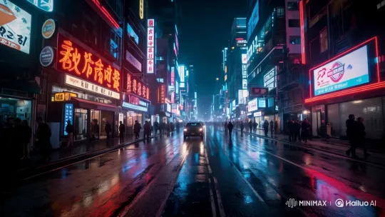 Vibrant Nightlife in a Neon-Lit Urban Street – AI Generated Video | Hailuo AI