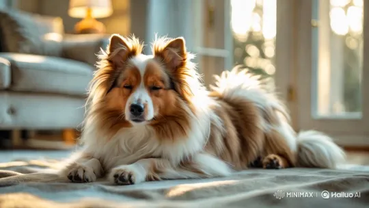 Peaceful Serenity: A Shetland Sheepdog on a Sunlit Rug – AI Generated Video | Hailuo AI