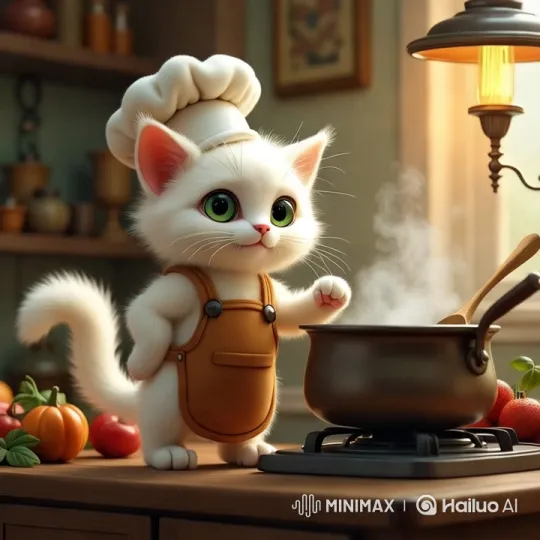 Aesthetic White Kitten Chef Prepares Meal in Cozy Kitchen – AI Generated Video | Hailuo AI