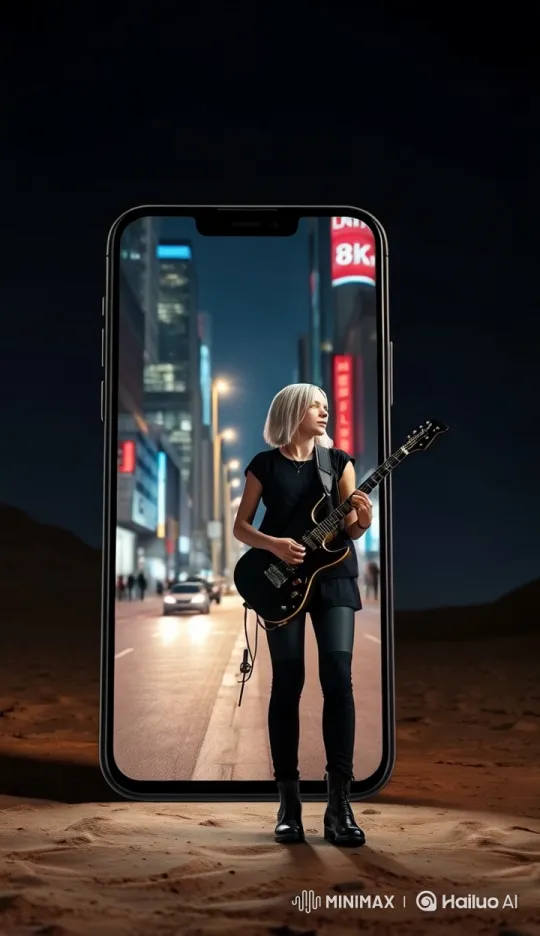 Desert Rock with Phone Displaying City Guitar Performance – AI Generated Video | Hailuo AI
