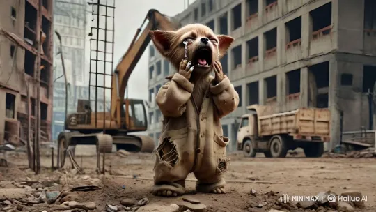 Small Dog Cries Amidst Construction Site Desolation – AI Generated Video | Hailuo AI