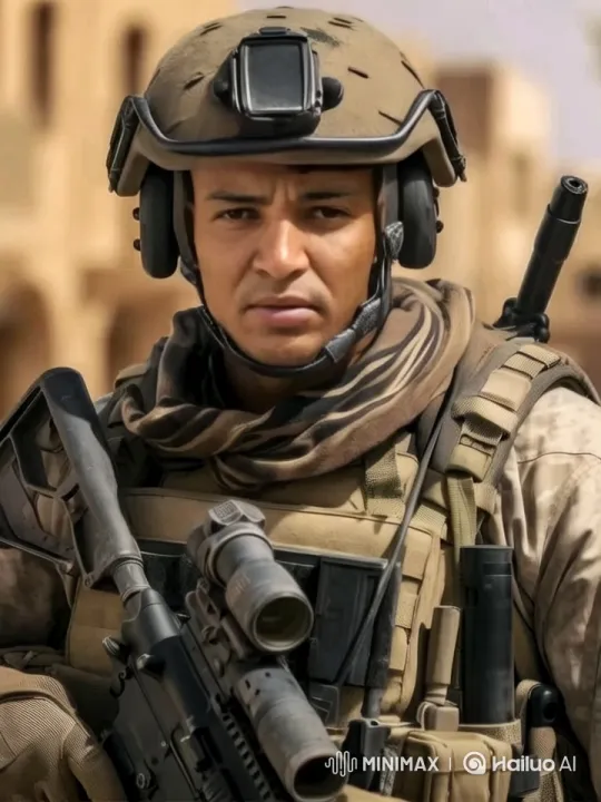 Combat Soldier Equipped in Desert Military Setting – AI Generated Video | Hailuo AI
