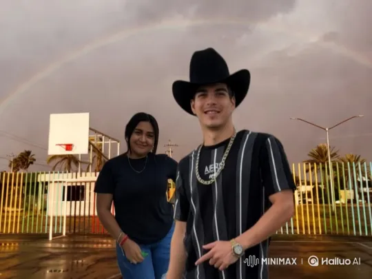 Boy and Girl Embrace Under a Rainbow on a Basketball Court – AI Generated Video | Hailuo AI