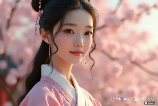 South Korean Woman in Elegant Hanbok Amidst Cherry Blossoms – AI Generated Video | Hailuo AI