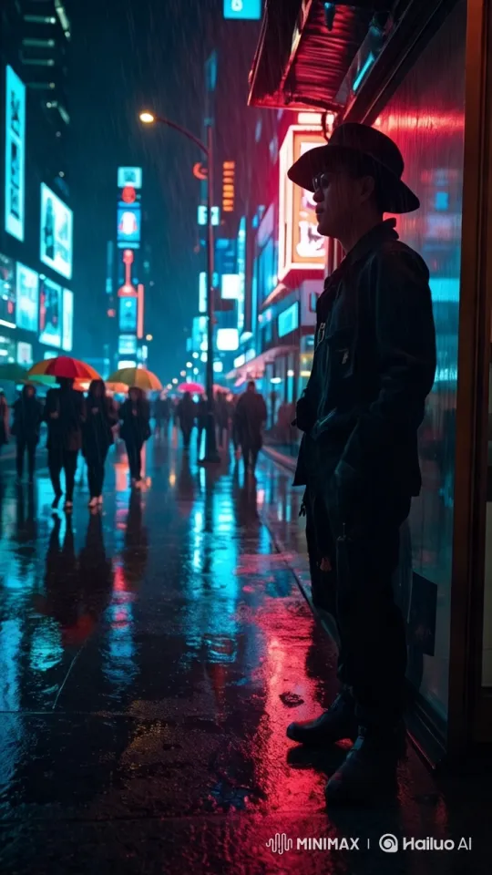 Man Hurries Through Crowded, Rainy Neon-Lit Street – AI Generated Video | Hailuo AI